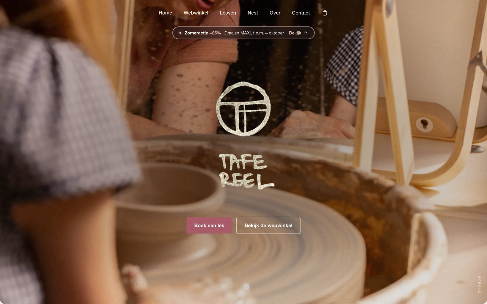 The Tafereel homepage with the ink logo over a pottery wheel