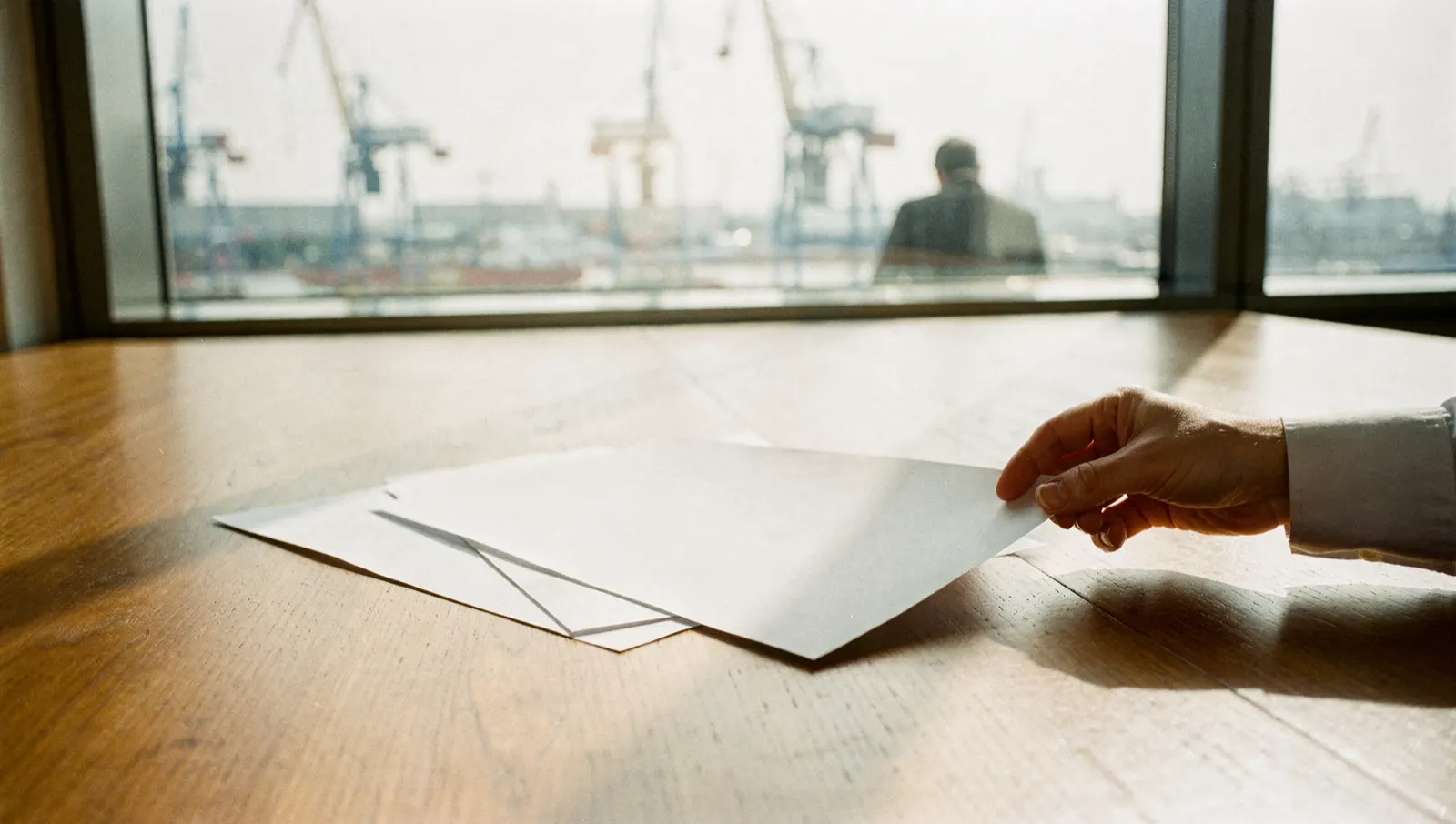 Papieren documenten deels overlappend op een bureau in een havenkantoor