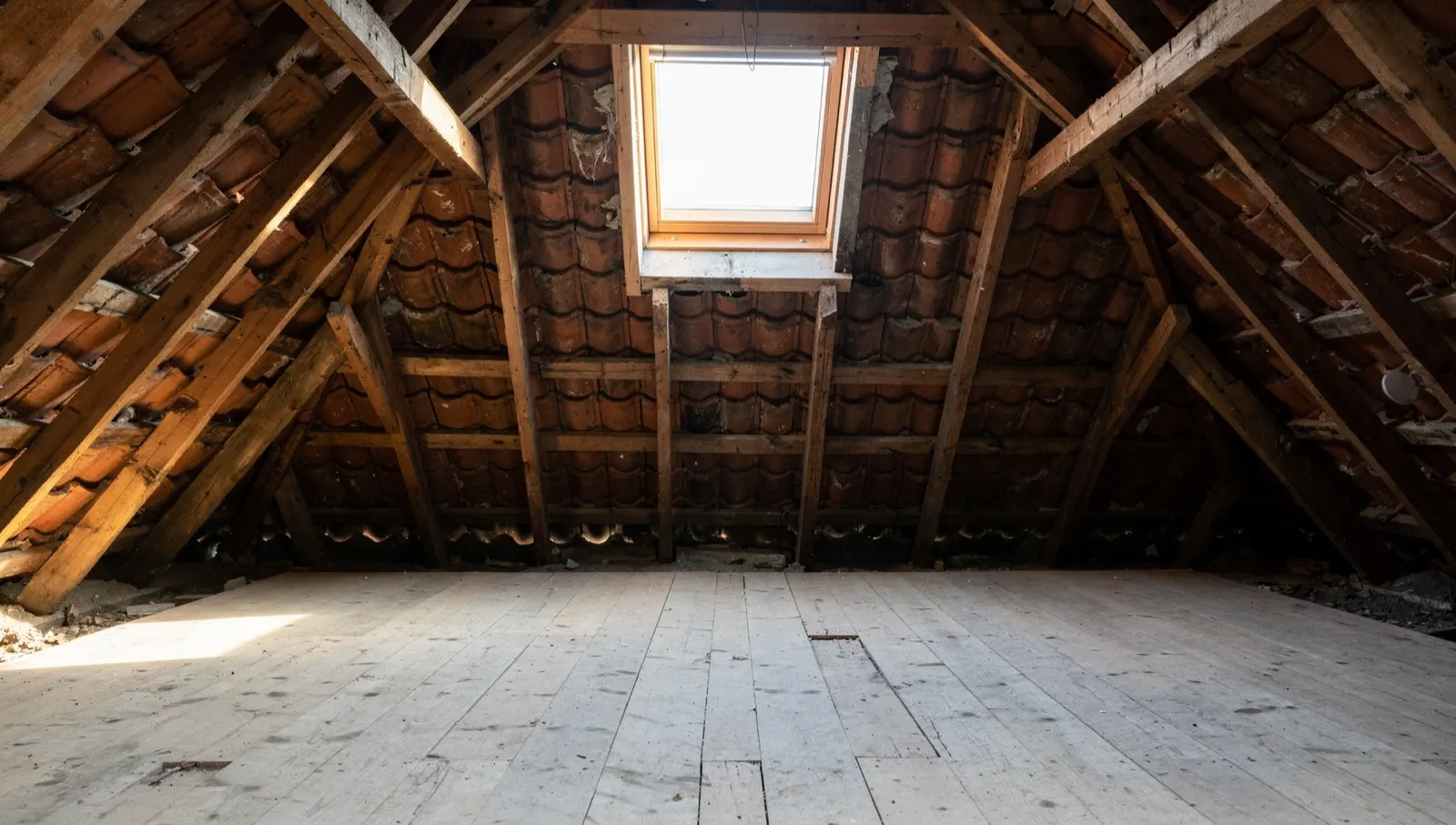 A roof space with the underside of the tiles visible between bare rafters, no insulation