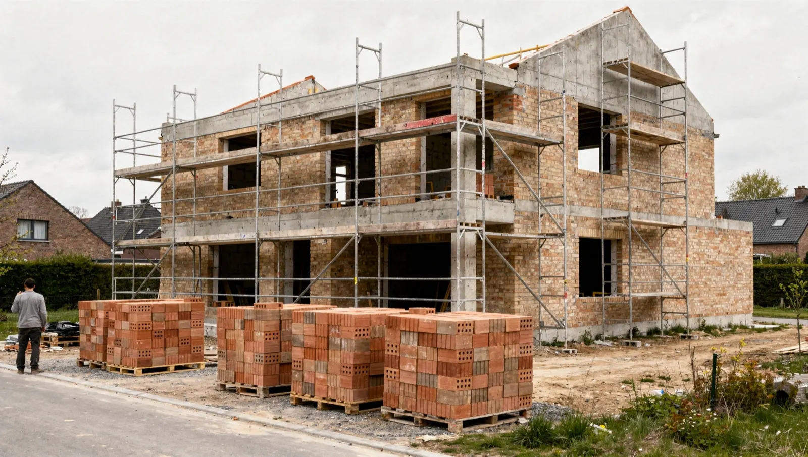 A house under construction with a bare brick and concrete frame and scaffolding along one facade