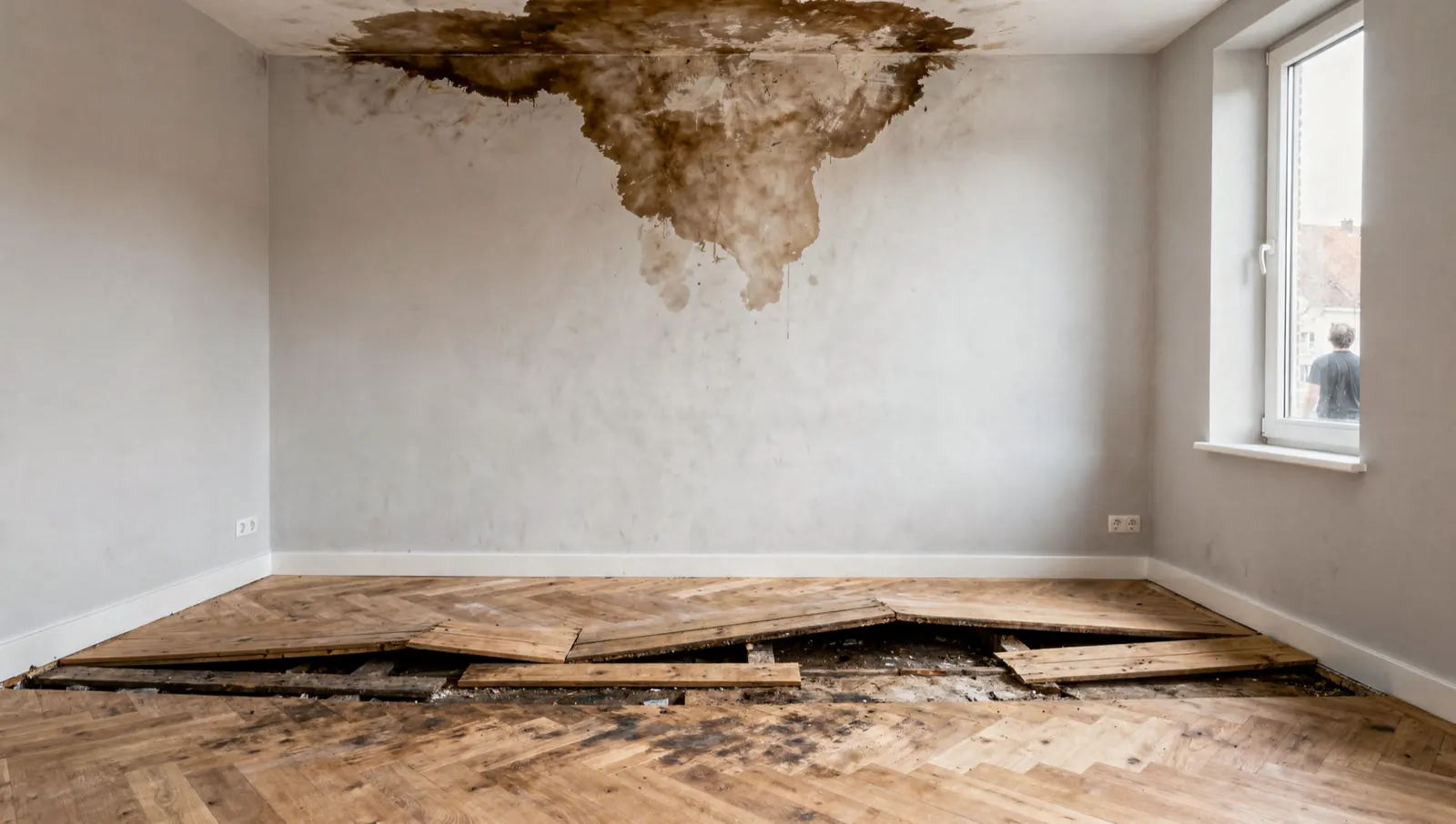 An empty room after a water leak, a stain across the ceiling and lifted parquet