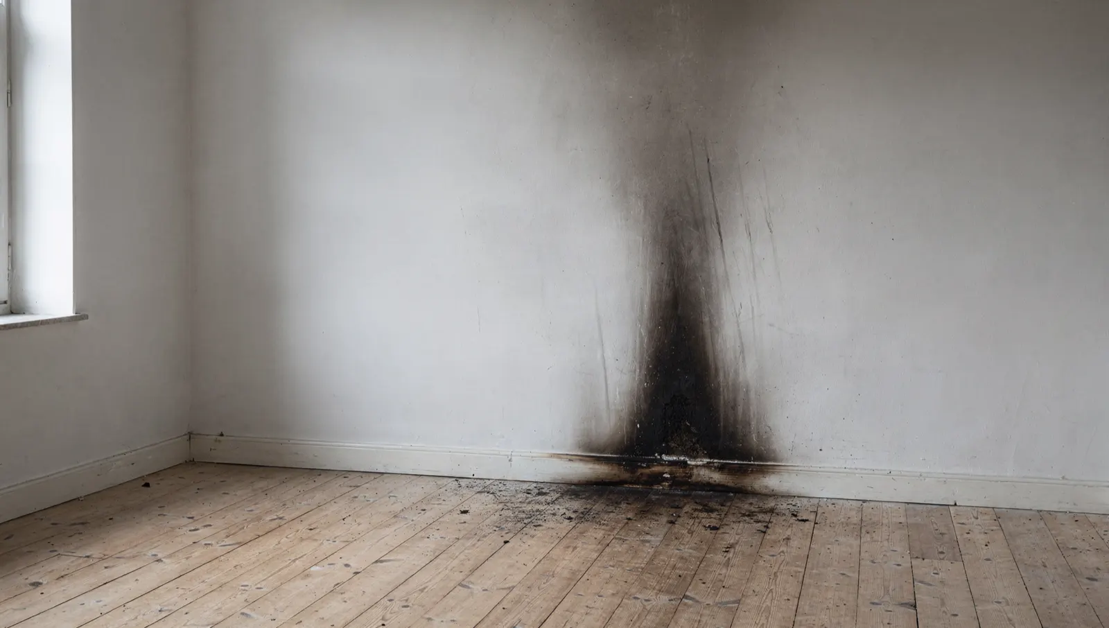 A room after a small fire, soot fanned up one plastered wall above a scorched skirting