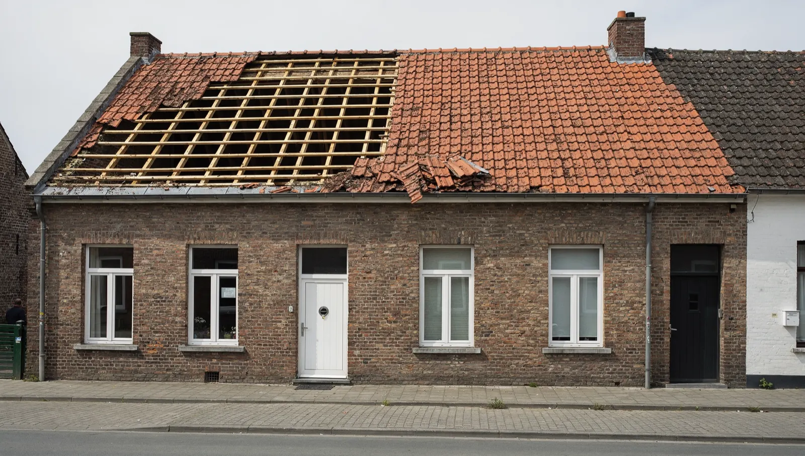 The roof of a Flemish brick house after a storm, tiles torn away and battens exposed