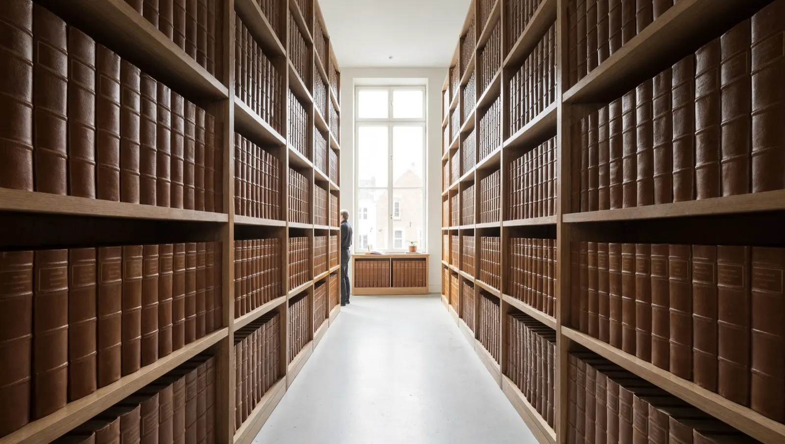 The deed archive of a notary practice, two runs of shelving filled with bound registers