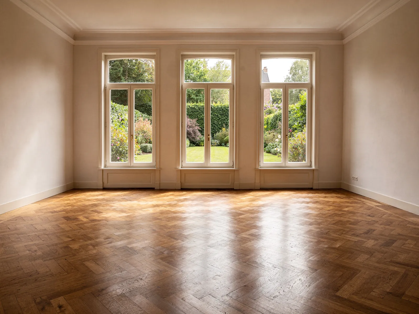 An empty reception room in a villa with herringbone parquet and three tall windows onto the garden