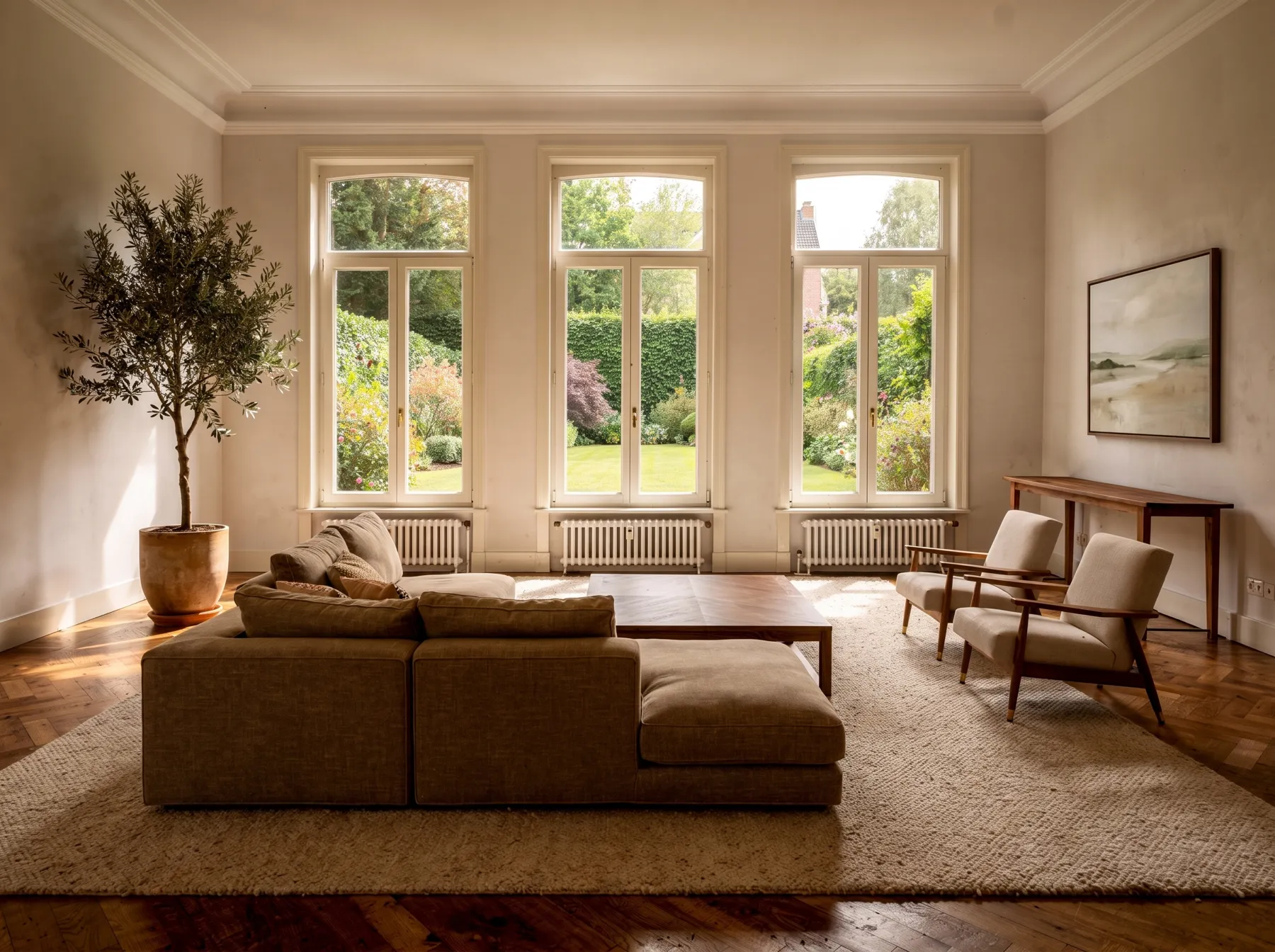 The same room, furnished with a sofa, an ottoman, two armchairs, a wool rug and one framed landscape on the right hand wall