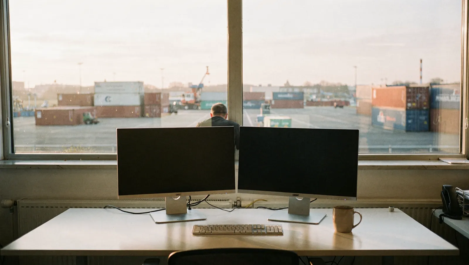 Het bureau van een dispatcher bij dageraad met kranen door het raam